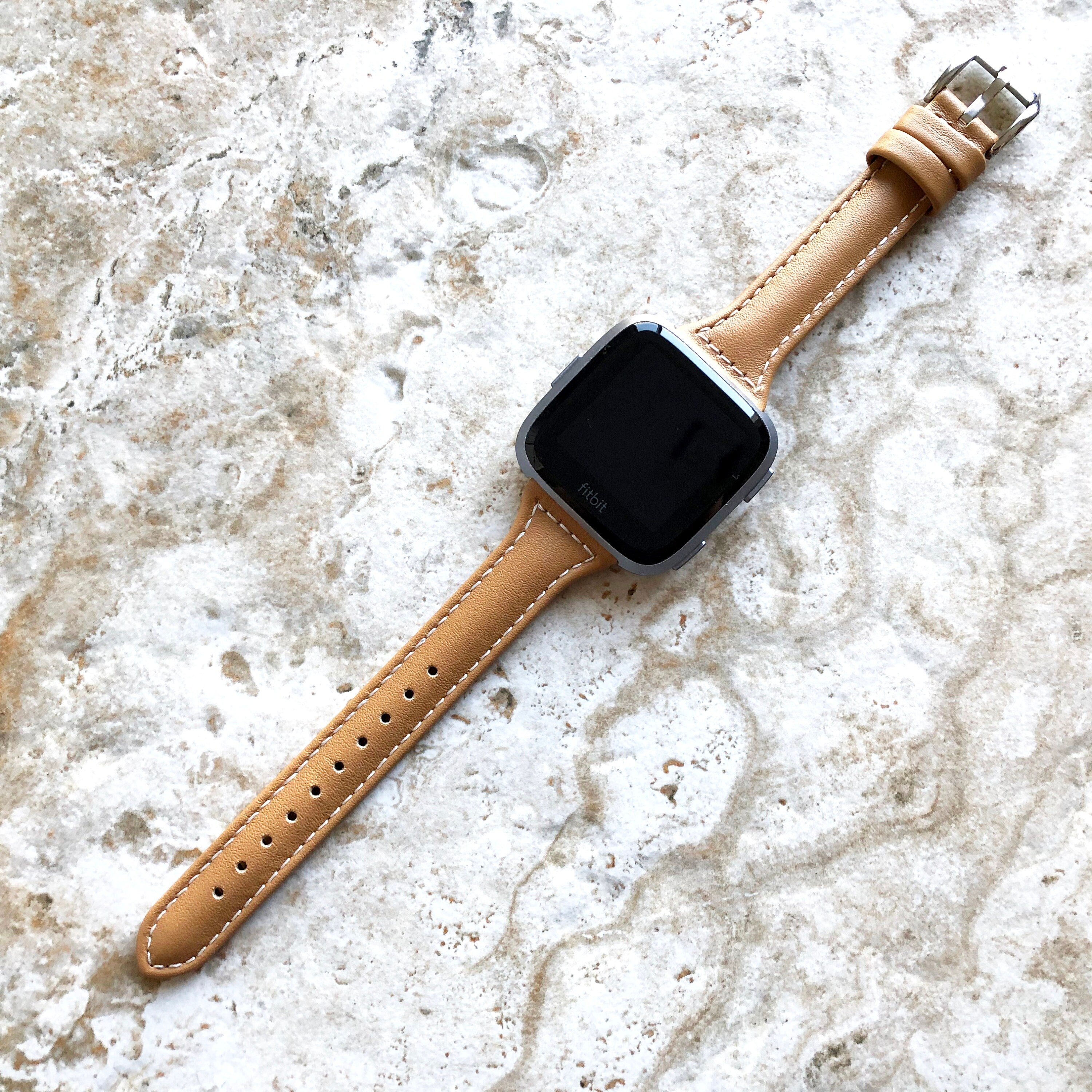 Fitbit Versa Lite 2 3 4 Sense 2 Band Light Brown Slim Elegant Leather Strap with Stitching and Quick Release Pins Adapters Silver Rose Gold